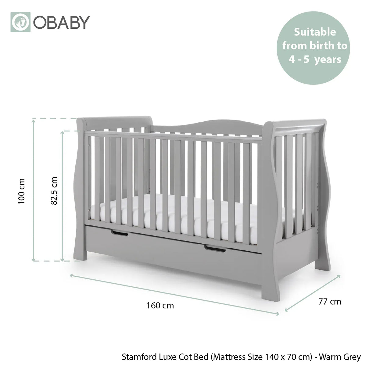 Obaby Stamford Luxe Sleigh Cot Bed - Warm Grey