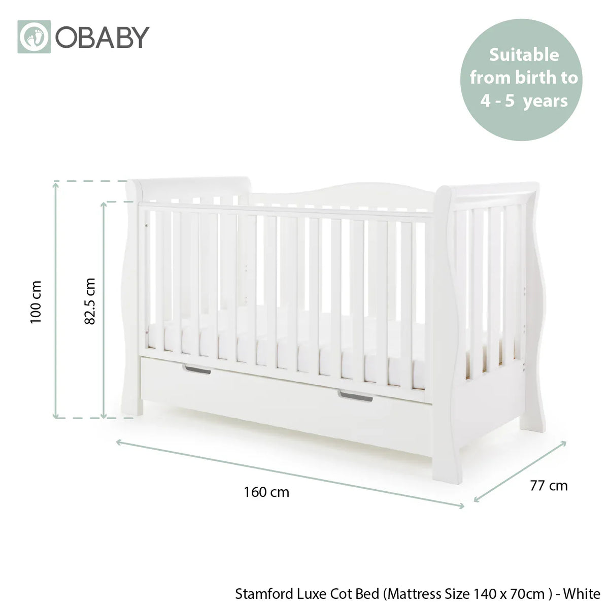Obaby Stamford Luxe Sleigh Cot Bed - White