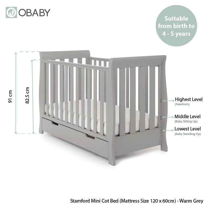 Obaby Stamford Mini Sleigh Cot Bed - Warm Grey
