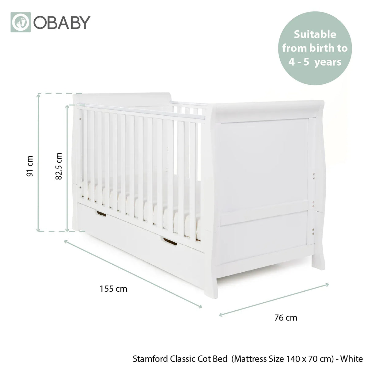 Obaby Stamford Classic Sleigh (2 Piece) Room Set - White