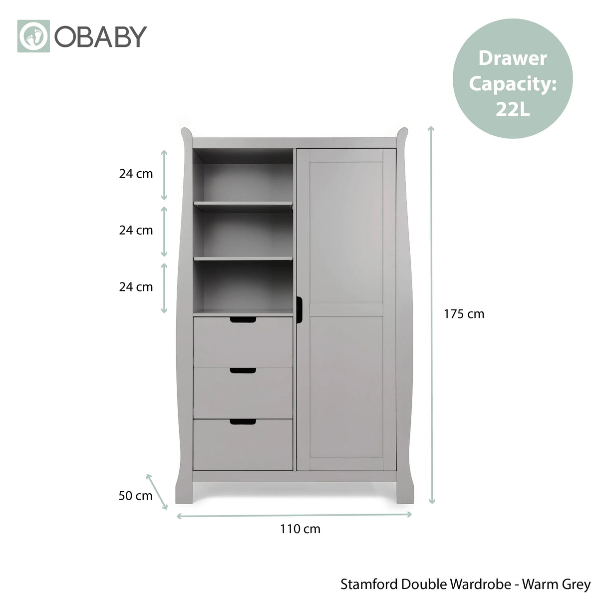 Obaby Stamford Classic Sleigh (3 Piece) Room Set - Warm Grey
