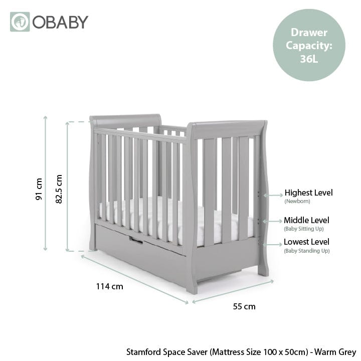 Obaby Stamford Space Saver Sleigh (2 Piece) Room Set - Warm Grey