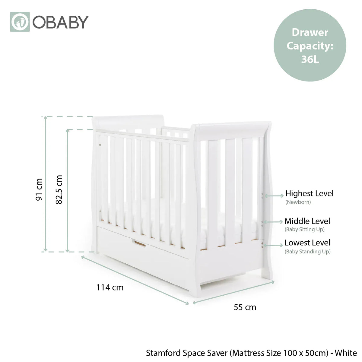 Obaby Stamford Space Saver Sleigh Cot - White